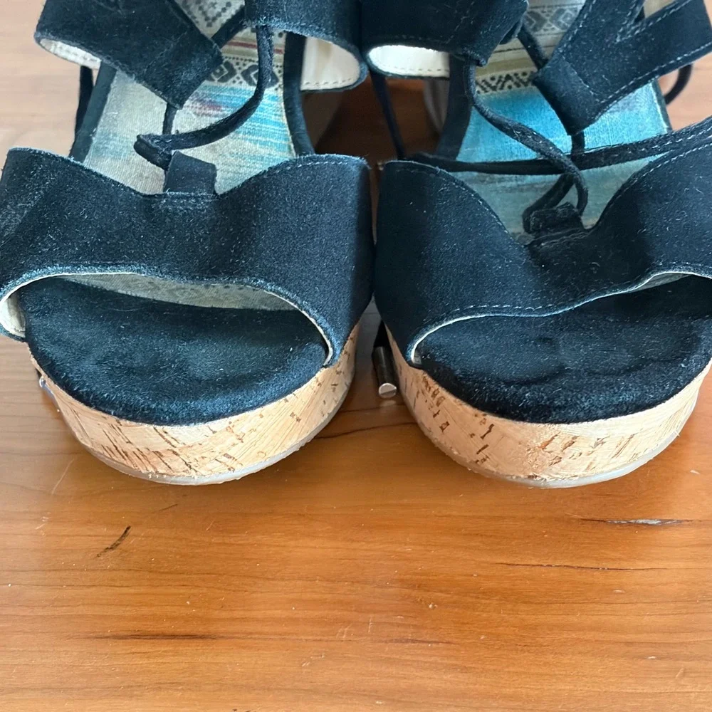 Limelight Black Faux Suede Lace Up Cork‎ Wedge Sandals Womens Size 10